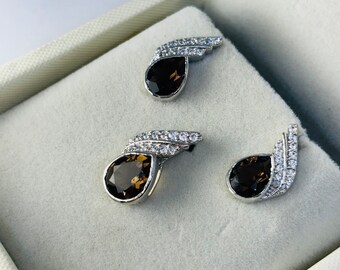 Pear Smoky Quartz Jewelry Set: Sterling Silver Engagement GiftGift For Her Women's Gift Christmas Ring Wedding Ring Anniversary
