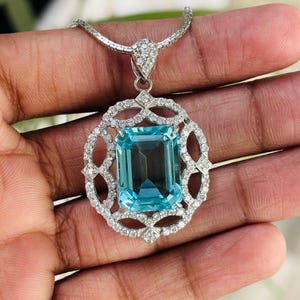 Emerald Cut Aquamarine Pendant/ 925 Sterling Silver/ Engagement Pendant/ Gifts For Girlfriend/ Aquamarine Pendant/ Gifts For Her