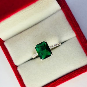 Lab Emerald Engagement Ring/ 925 Sterling Silver Ring/ Wedding Ring/ Gifts For Her/ Emerald Cut Ring/ Green Emerald Ring