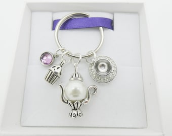 Teapot keyring, Teapot gift, Afternoon tea present, Teapot and cup and saucer gift, Cupcake gift, Teapot charm, Cup charm, Cupcake charm