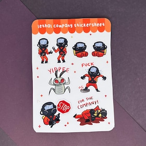 May include: A white sticker sheet with a red border and the text "lethal company stickersheet". The sheet features various stickers with characters in red and black, including a bug, a stop sign, and text that says "Yippee", "Fuck", and "For the company!"