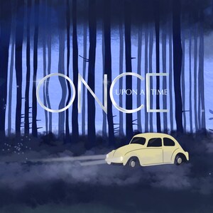 May include: An illustration of a yellow car driving through a dark forest. The text "ONCE UPON A TIME" is displayed in a silver font. The background features tall, dark trees and a blue sky.