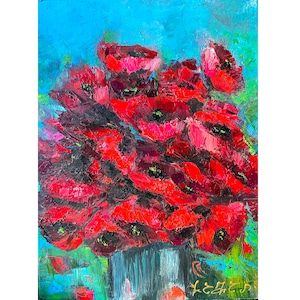 Poppies Painting Floral  Original Art Flowers Painting Oil on Painting WildFlowers Wall Art Impasto Painting Canvas Painting Red Home Decor