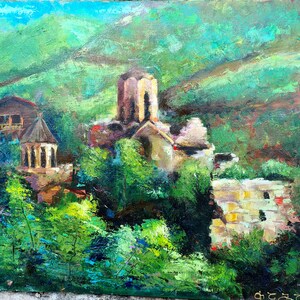 Old Village Painting Landscape Original Art Mountain Oil Painting Ancient Art Colorfull Painting Original Painting
