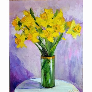 Narcissus Painting Yellow Flower Original Art Daffodil Oil on Canvas Painting December Birth Month Flower Painting  Floral Wall Decor