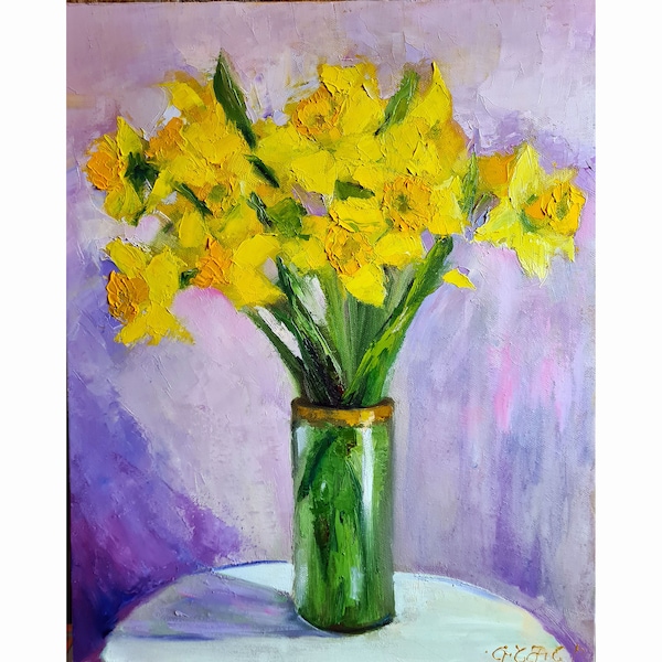 Narcissus Painting Flower Original Art Daffodil Flower Oil on Canvas Painting December Birth Month Flower Painting  Floral Art by Tamar