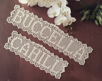 Personalized family name sign,Teacher name sign,Crochet name doily.Wedding,Anniversary,Birthday gift,Baby name sign,boy or girl nursery name