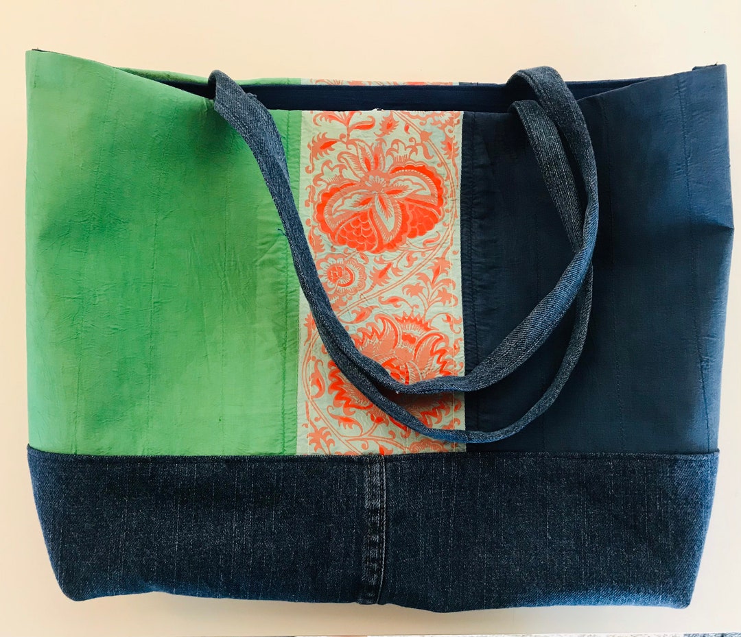 Repurposed Quilt Tote Bag, Bangladeshi Quilt Tote Bag, Colorful Denim