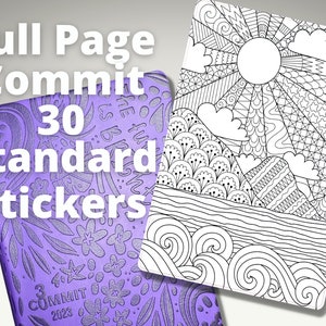 May include: A purple planner with the text "Full Page Commit 30 Standard Stickers" and the text "Commit 2023" on the cover. The planner is next to a black and white sticker with a sun, clouds, mountains, and waves.