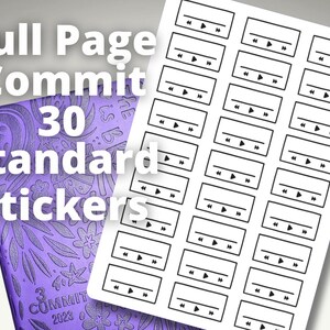May include: A sheet of white stickers with black cassette tape icons, next to a purple journal with the words "Full Page Commit 30 Standard Stickers" printed on it. The journal has a floral design and the year 2023 printed on it.