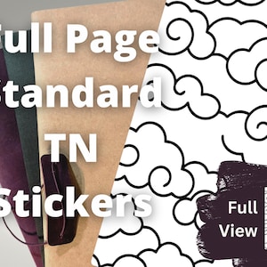 May include: A collection of Full Page Standard TN Stickers in various colors, including purple, green, and tan. A white sticker with a black cloud design is also visible. The words "Full Page Standard TN Stickers" are displayed in white.