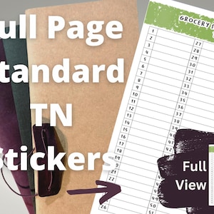 May include: A collection of Full Page Standard TN Stickers, including a grocery spending tracker. The image shows a tan, dark green, and purple notebook with a leather closure. A full view of the grocery spending tracker is also shown.