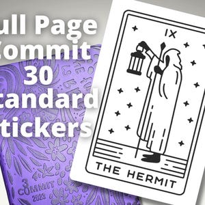 May include: A purple planner with the text "Full Page Commit 30 Standard Stickers" and a tarot card featuring "The Hermit" with a lantern. The planner has a floral design and the year 2023.