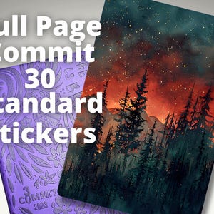 May include: A purple planner with the text "Full Page Commit 30 Standard Stickers" and a cover featuring a starry night landscape with trees. The planner is next to a cover with a forest scene.