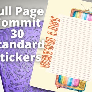 May include: A purple planner with the text "Full Page Commit 30 Standard Stickers" and a "Watch List" notepad featuring a retro TV design with a rainbow screen. The planner is decorated with floral and star patterns.