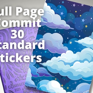 May include: A purple sticker sheet with embossed floral patterns and the text "3 COMMIT 2023" alongside a rectangular sticker sheet featuring a dark blue night sky filled with light blue clouds and small yellow and light blue stars.