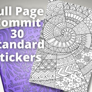May include: A set of 30 standard stickers featuring a black and white intricate mandala design. The stickers are designed to be used in a planner or journal. The text "Full Page Commit" is visible in the image.