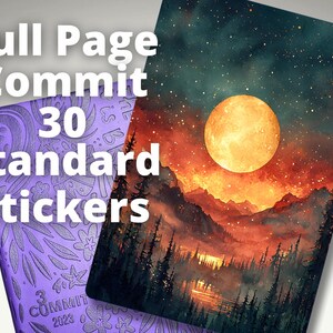 May include: Two planner covers are displayed. One is purple with embossed floral designs, the other features a landscape painting of a full moon over mountains and a forest. Text on the covers reads "Full Page Commit 30 Standard Stickers."