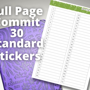 May include: A purple planner with a floral design and the text "Commit 2023". A sheet of paper with the text "Grocery Spending Tracker" and numbered lines from 1 to 52 is partially visible.