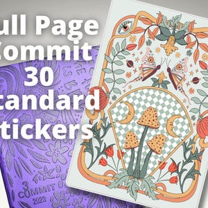 May include: A set of 30 standard stickers featuring a whimsical design with mushrooms, butterflies, and flowers in a pastel color palette. The stickers are printed on a white background with a checkered pattern.