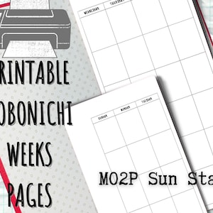 Puede incluir: Páginas semanales imprimibles Hobonichi con un diseño de cuadrícula en blanco y negro. Las páginas están etiquetadas con los días de la semana, comenzando por el domingo. El texto "M02P Sun Start" está impreso en la parte inferior de la página.