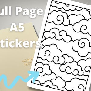 May include: A5 sticker sheet with a black and white cloud design. The image also shows a beige notebook with the text "HOBON TECH" and the words "Full Page A5 Stickers". A blue arrow points to the sticker sheet.