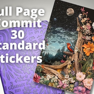 May include: Two journals with the text "Full Page Commit 30 Standard Stickers". One journal is purple with a floral design. The other journal has a colorful illustration of a bird, flowers, and a night sky.