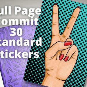May include: Image features a pop art style hand making a peace sign with red nail polish, set against a black polka dot background. A purple notebook with the text "Full Page Commit 30 Standard Stickers" is also visible.