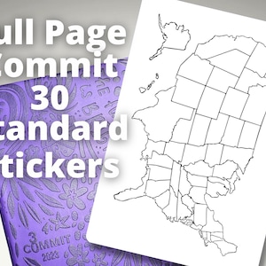 May include: A purple planner with the words "Full Page Commit 30 Standard Stickers" in white. A white sheet of paper with a black outline map is next to the planner. The planner has a floral design.