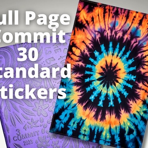 May include: Two notebooks are displayed. One is purple with embossed floral designs and the text "Full Page Commit 30 Standard Stickers". The other has a vibrant tie-dye pattern in orange, blue, and black.
