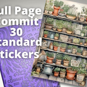 May include: A purple planner with the text "Full Page Commit 30 Standard Stickers" and a floral design. The planner is next to a shelf with many potted plants.