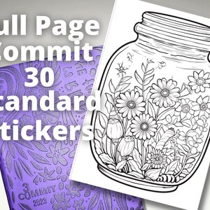 May include: A black and white line drawing of a glass jar filled with flowers. The jar has a lid and a simple design. The flowers are various types of wildflowers, including daisies and poppies. The text "Full Page Commit 30 Standard Stickers" is visible in the top left corner of the image.