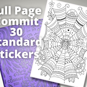 May include: A black and white printable sticker sheet with a spiderweb design. The spiderweb is filled with intricate patterns and designs. The sticker sheet is labeled "Full Page Commit 30 Standard Stickers".