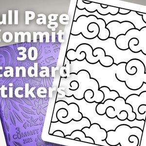 May include: A purple planner with the text "Full Page Commit 30 Standard Stickers" and a white sheet with a black cloud pattern. The planner has a floral design and the year 2023 printed on it.