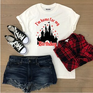 May include: White t-shirt with a black silhouette of Cinderella's castle and the text "I'm home for my birthday".