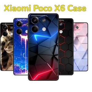 May include: A collection of Xiaomi Poco X6 phone cases. The cases feature various designs, including a cat, a cosmic scene, geometric patterns with red and blue neon lines, and a honeycomb design. The cases are black and have camera cutouts.