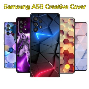 May include: Four different phone cases for the Samsung A53. The cases feature a variety of designs, including a wolf, geometric shapes, and a honeycomb pattern.