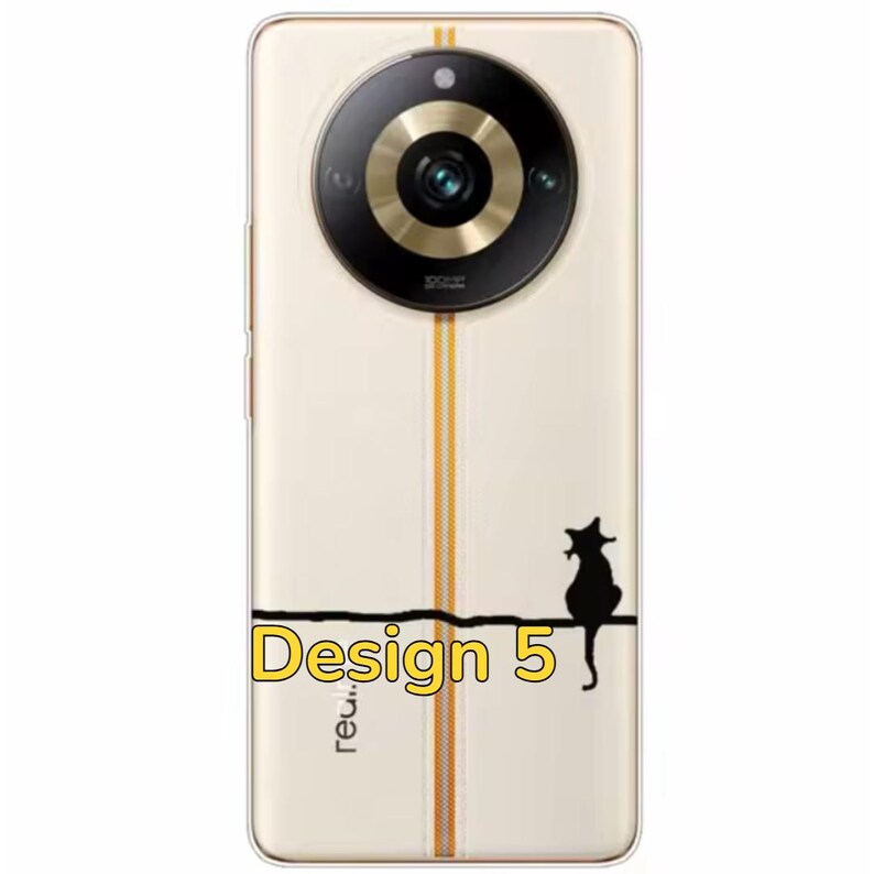 K&ouml;nnte beinhalten: Eine wei&szlig;e Handyh&uuml;lle mit einem goldenen Streifen in der Mitte. Die H&uuml;lle hat ein kreisf&ouml;rmiges Kameraobjektiv mit einem goldenen Ring darum. Die H&uuml;lle hat auch eine schwarze Silhouette einer Katze, die auf einer Linie sitzt. Der Text "Design 5" ist auf die H&uuml;lle gedruckt.