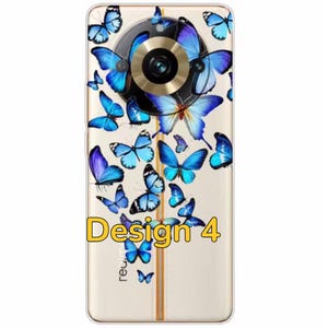 K&ouml;nnte beinhalten: Eine transparente Handyh&uuml;lle mit einem goldenen Ring um das Kamerobjektiv. Die H&uuml;lle ist mit einem Design aus blauen Schmetterlingen verziert. Der Text "Design 4" ist auf der H&uuml;lle aufgedruckt.