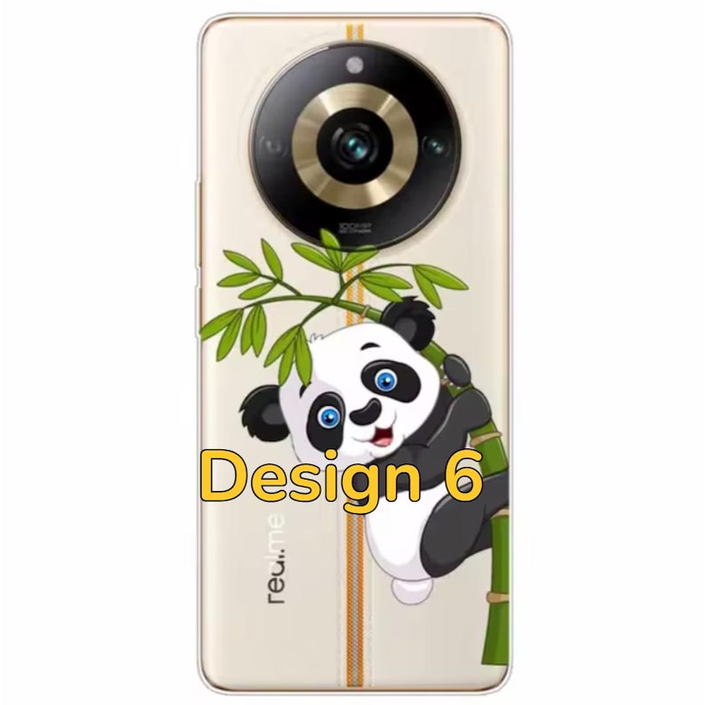 K&ouml;nnte beinhalten: Eine wei&szlig;e Handyh&uuml;lle mit einem Pandab&auml;r-Design. Der Panda klettert an einem Bambusstock hoch. Die H&uuml;lle hat einen goldenen Rand und den Text "Design 6" und "realme" darauf.