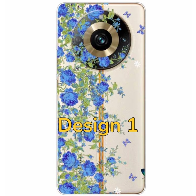 K&ouml;nnte beinhalten: Eine transparente Handyh&uuml;lle mit einem Blumendesign mit blauen Rosen und Schmetterlingen. Die H&uuml;lle hat einen goldenen Akzent und den Text "Design 1" aufgedruckt.