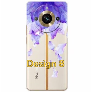 K&ouml;nnte beinhalten: Eine transparente Handyh&uuml;lle mit einem violetten Blumenmuster und einem goldenen Akzent. Die H&uuml;lle hat einen runden Kameraausschnitt mit einem goldenen Ring darum. Der Text "Design 8" ist auf der H&uuml;lle aufgedruckt. Der Text "realme" ist auf der H&uuml;lle aufgedruckt.