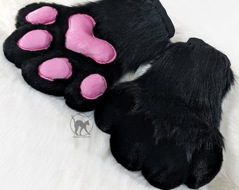 Puffy fursuit handpaws - Pink and Black embroidered