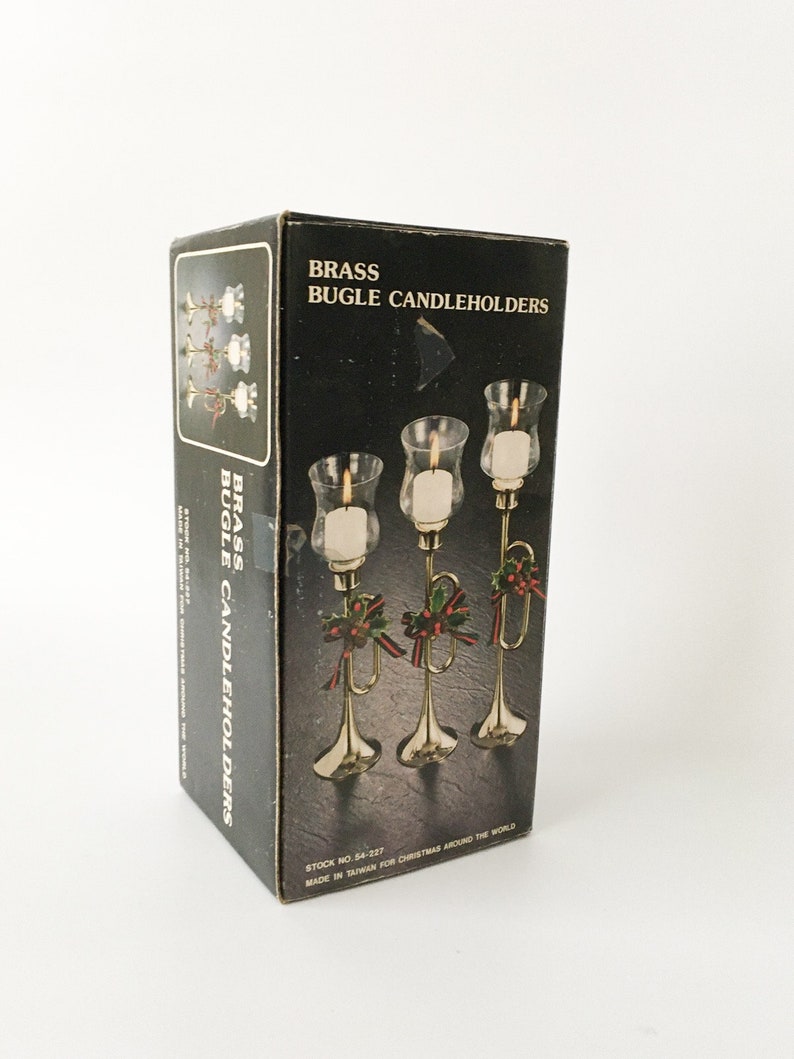 Holiday Decor Vintage Holiday Brass Christmas Trumpet Candle Holder with original box