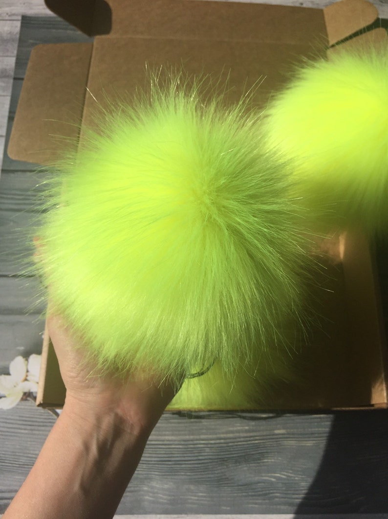 Lime Faux Fur Pom Pom Furry Ball For Hat Vegan Hat Topper Cruelty Free Craft Supply 7 Inch Fluffy Bobble