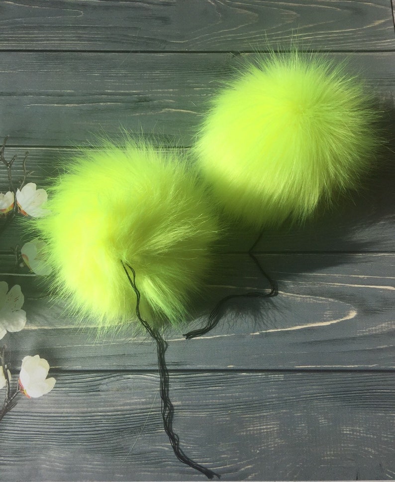 Lime Faux Fur Pom Pom Furry Ball For Hat Vegan Hat Topper Cruelty Free Craft Supply 7 Inch Fluffy Bobble