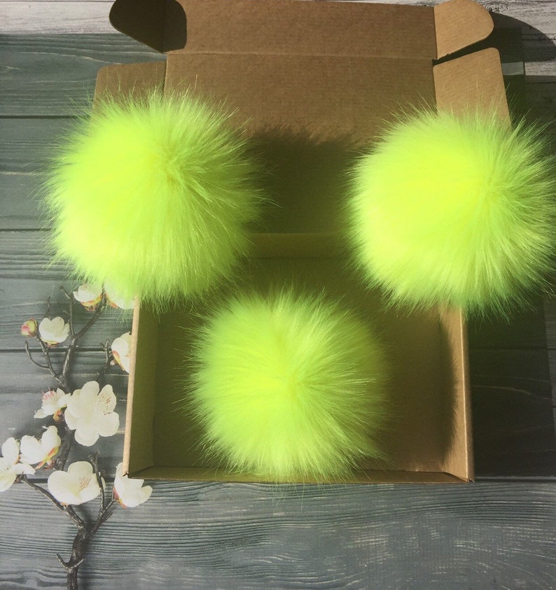 Lime Faux Fur Pom Pom Furry Ball For Hat Vegan Hat Topper Cruelty Free Craft Supply 7 Inch Fluffy Bobble