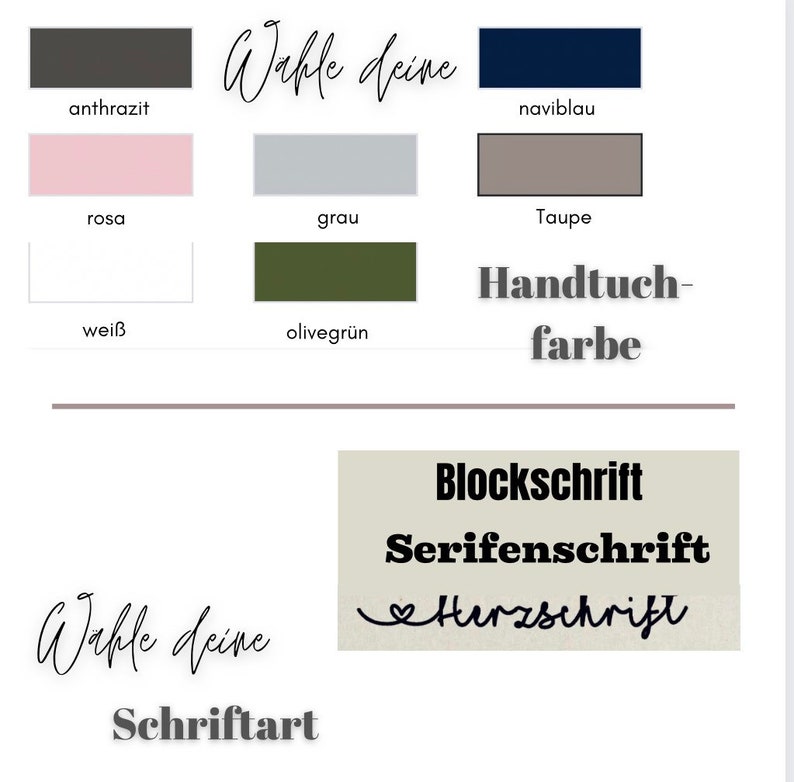 May include: Image featuring color swatches labeled with German words like "anthrazit" and "rosa", and text in German. The image also displays font style options: "Blockschrift", "Serifenschrift", and "Herzschrift".