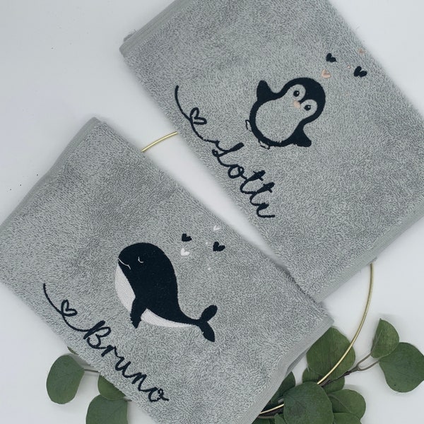 Handtuch mit Name und Pinguin personalisiert, Geschenk für Kinder