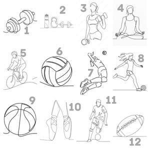 May include: Line art illustrations of various sports and fitness activities. Depicted are a dumbbell, water bottle, kettlebell, person lifting weights, person meditating, cyclist, volleyball, volleyball player, soccer player, basketball, ballet shoes, soccer player, and football.